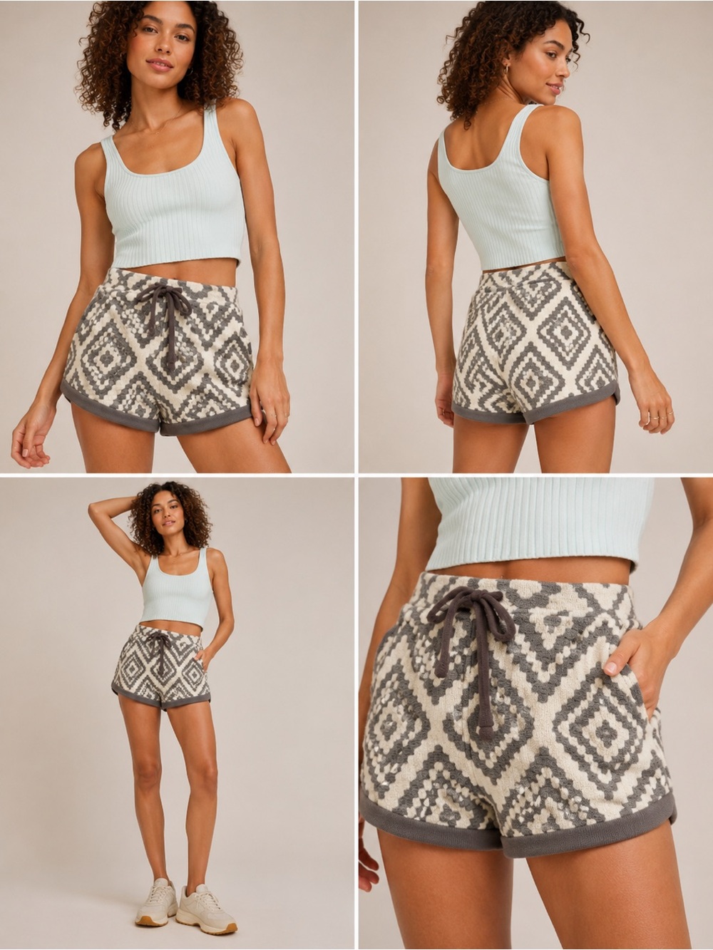 FP Movement Where the Wind Blows Terry Cloth Jacquard Shorts Gray Cream Large